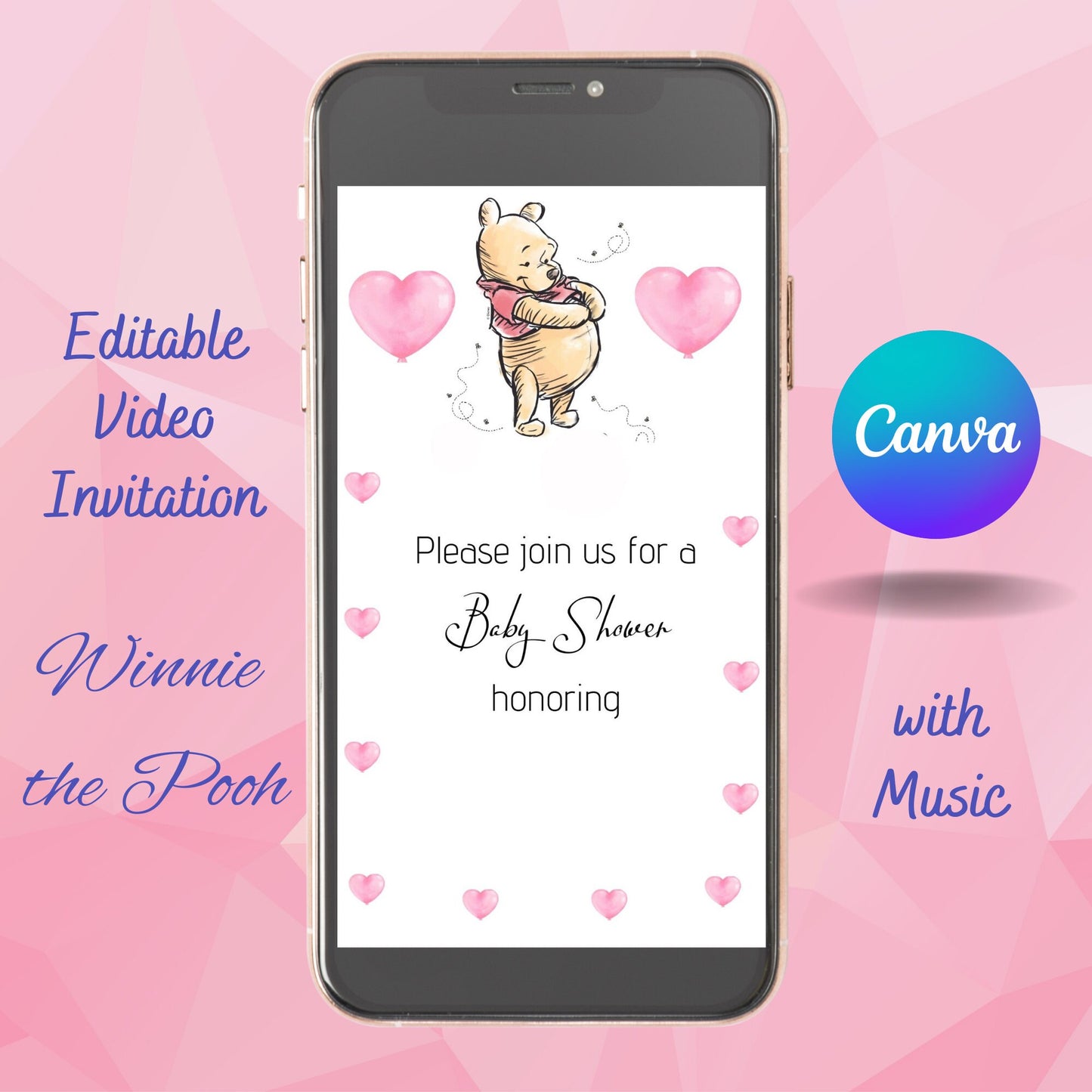 Winnie the Pooh Bear Baby Shower Video Invitation, Girl Baby Shower Video Invite, Editable Template, Instant Download