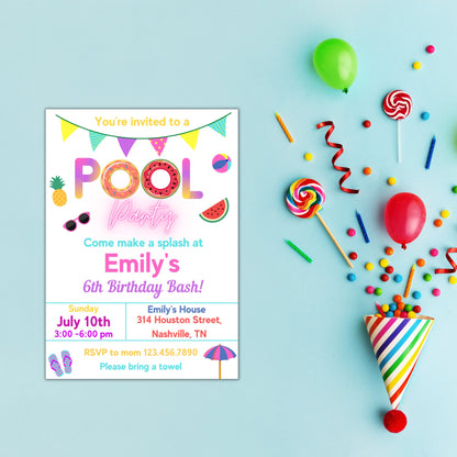 Pool Party Invitation Girl, Pool Party Birthday Invitation, Instant Download, Swimming Party Invite, Editable Template