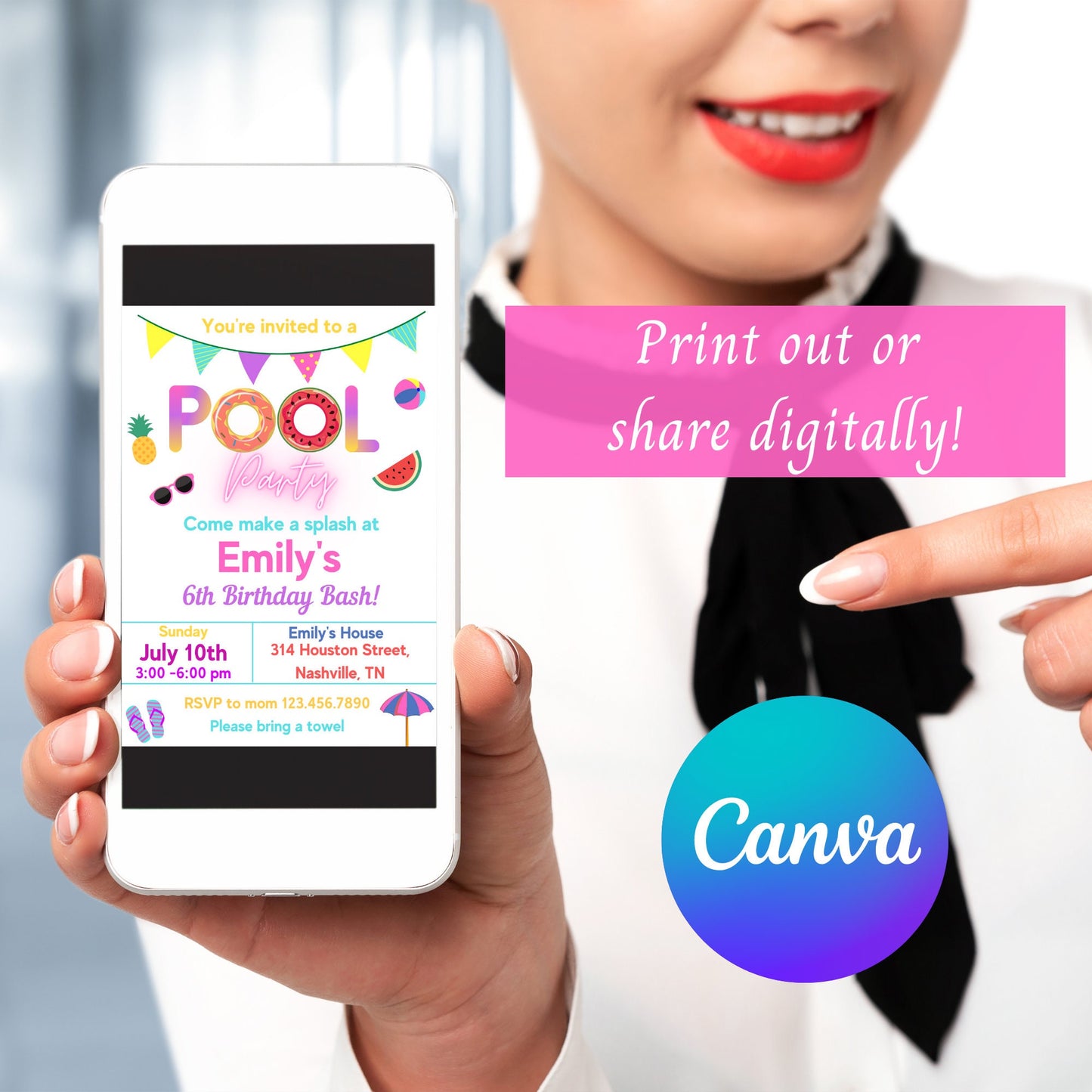 Pool Party Invitation Girl, Pool Party Birthday Invitation, Instant Download, Swimming Party Invite, Editable Template