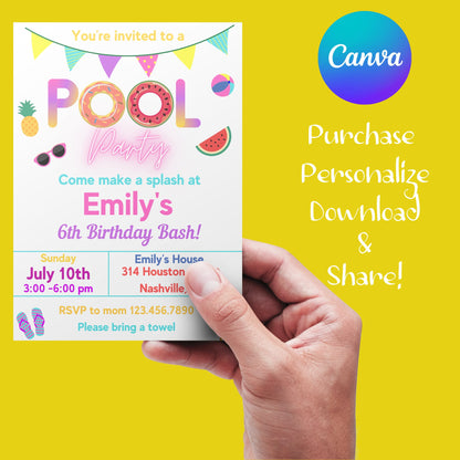 Pool Party Invitation Girl, Pool Party Birthday Invitation, Instant Download, Swimming Party Invite, Editable Template