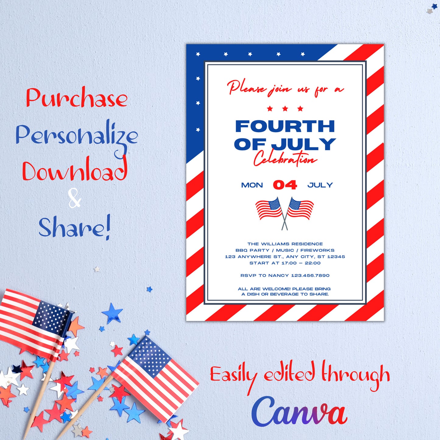 4th of July Invitation, Fourth of July Celebration, BBQ Fireworks, Neighborhood Party, Independence Day Invite, Instant Edit & Download