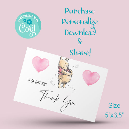 Winnie the Pooh Thank You Card Template, Girl Bear Baby Shower Thank You, Editable Digital, Instant Download