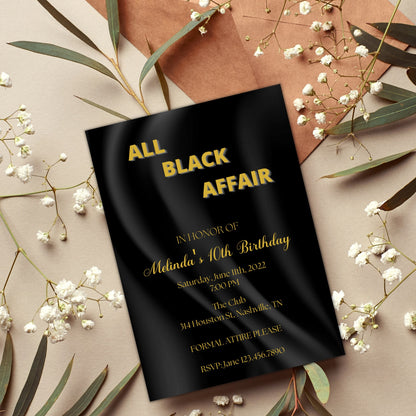 All Black Party Invitation, All Black Affair Invitation, Silk Birthday Invite, Black and Gold Birthday Invite, Editable Invite