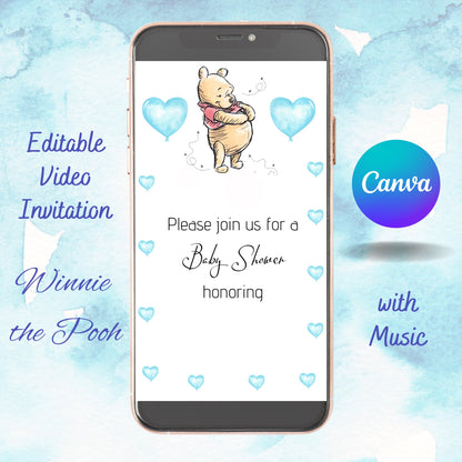 Winnie the Pooh Bear Baby Shower Video Invitation, Boy Baby Shower Video Invite, Editable Template, Instant Download