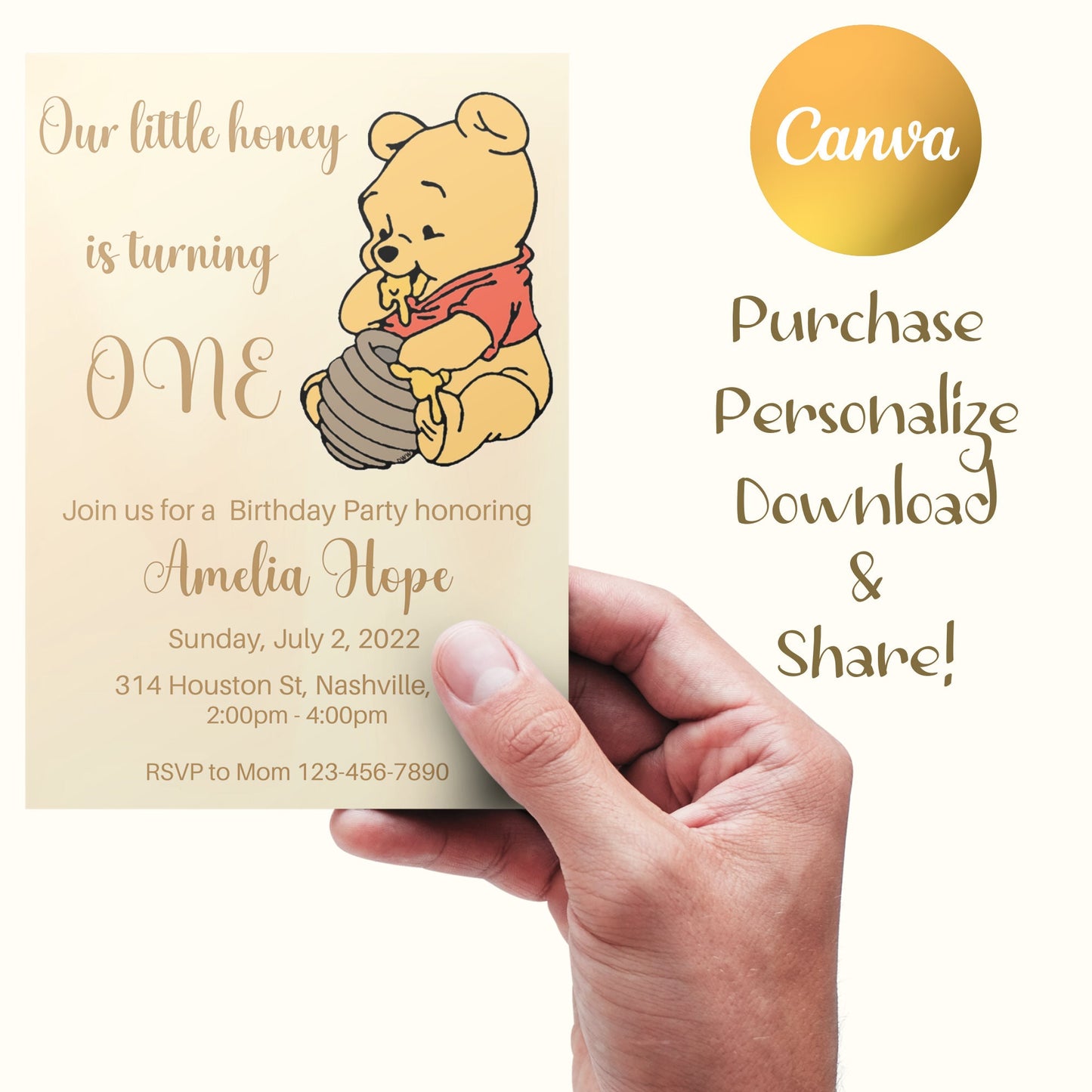 Editable Winnie the Pooh Invitation, Winnie Birthday Invitation, Kids Birthday Invitation Digital Download, Text Invite, Printable