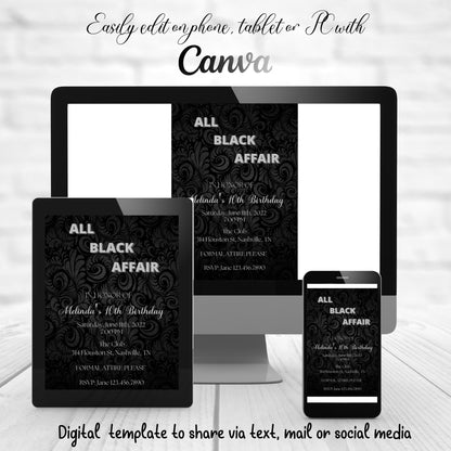 All Black Party Invitation, All Black Affair Invitation, Baroque Birthday Invite, Black and Silver Birthday Invite, Editable Invite