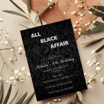 All Black Party Invitation, All Black Affair Invitation, Baroque Birthday Invite, Black and Silver Birthday Invite, Editable Invite