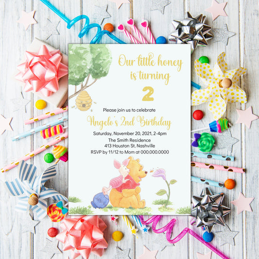 Winnie the Pooh Birthday Invitation, Kids Birthday Invitation, Winnie Digital Invite, Editable Instant Download