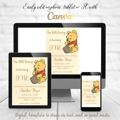 Editable Winnie the Pooh Invitation, Winnie Birthday Invitation, Kids Birthday Invitation Digital Download, Text Invite, Printable