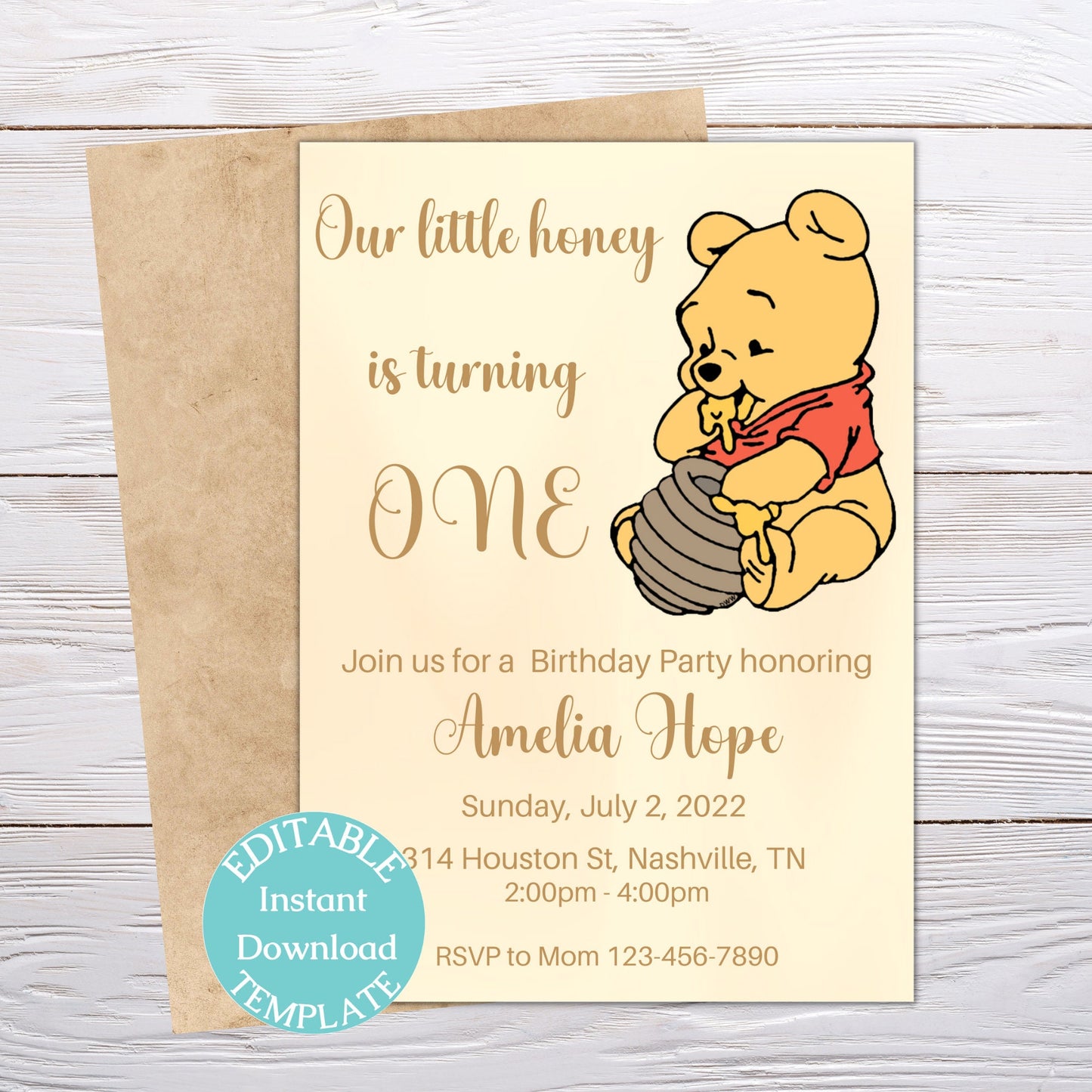 Editable Winnie the Pooh Invitation, Winnie Birthday Invitation, Kids Birthday Invitation Digital Download, Text Invite, Printable