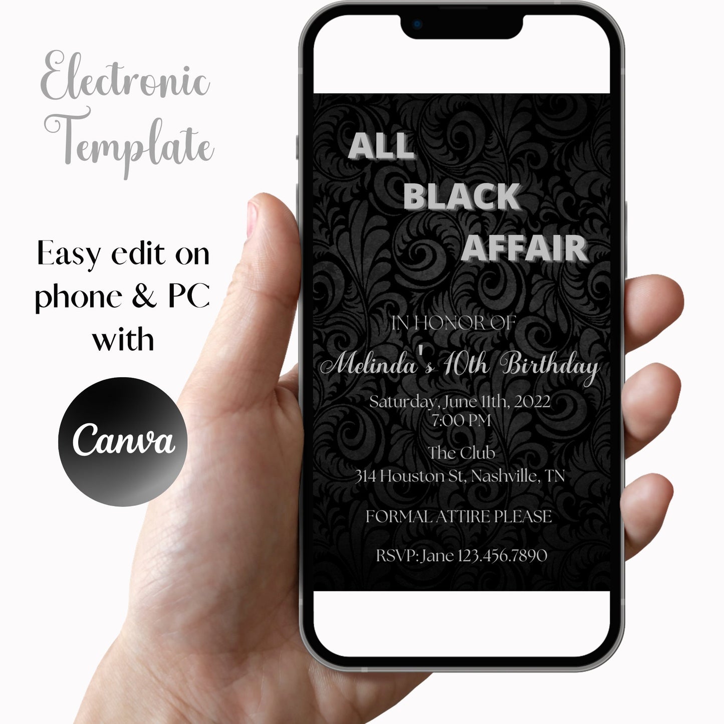 All Black Party Invitation, All Black Affair Invitation, Baroque Birthday Invite, Black and Silver Birthday Invite, Editable Invite