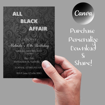 All Black Party Invitation, All Black Affair Invitation, Baroque Birthday Invite, Black and Silver Birthday Invite, Editable Invite