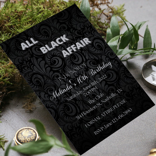 All Black Party Invitation, All Black Affair Invitation, Baroque Birthday Invite, Black and Silver Birthday Invite, Editable Invite