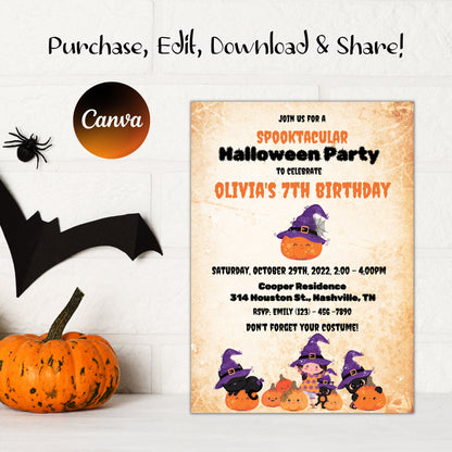 Halloween Birthday Party Invitation, Kids Halloween Invitation, Halloween Birthday Invite, Costume Party, Editable, Instant Download