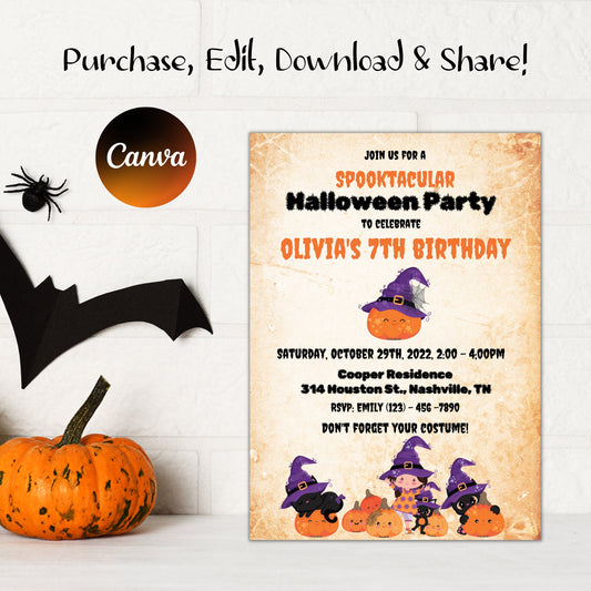 Halloween Birthday Party Invitation, Kids Halloween Invitation, Halloween Birthday Invite, Costume Party, Editable, Instant Download