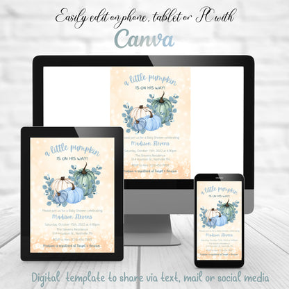 Editable Pumpkin Baby Shower Invitation, Boy Pumpkin Shower Invite Blue, Fall Autumn Baby Boy Shower, Instant Download Template