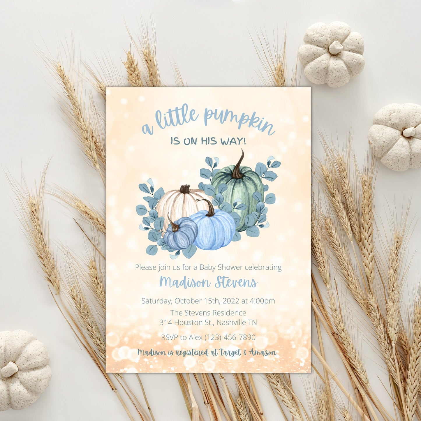 Editable Pumpkin Baby Shower Invitation, Boy Pumpkin Shower Invite Blue, Fall Autumn Baby Boy Shower, Instant Download Template