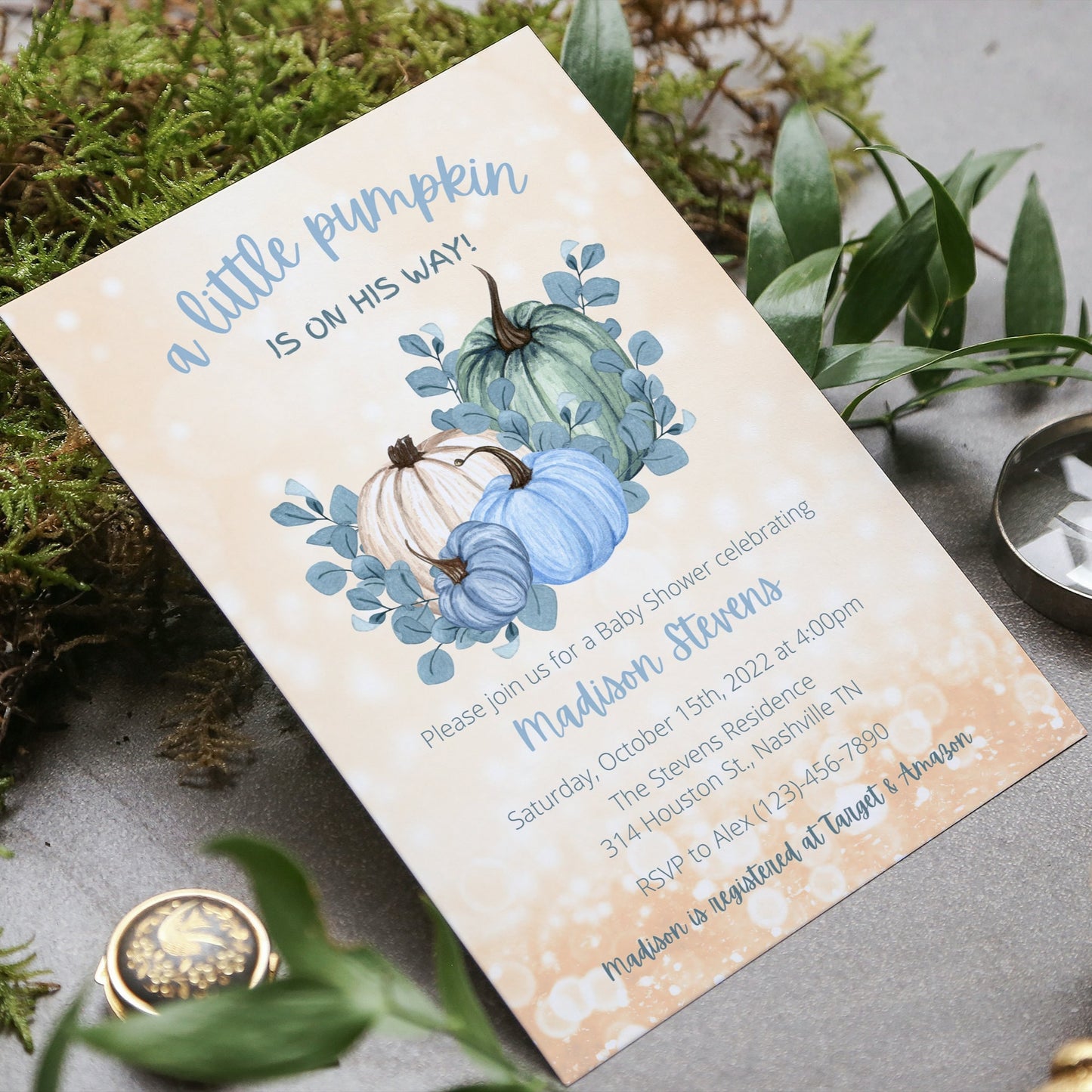 Editable Pumpkin Baby Shower Invitation, Boy Pumpkin Shower Invite Blue, Fall Autumn Baby Boy Shower, Instant Download Template