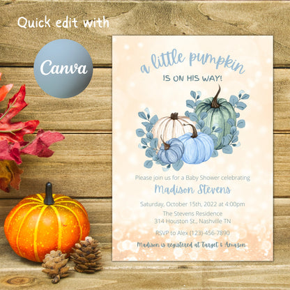 Editable Pumpkin Baby Shower Invitation, Boy Pumpkin Shower Invite Blue, Fall Autumn Baby Boy Shower, Instant Download Template