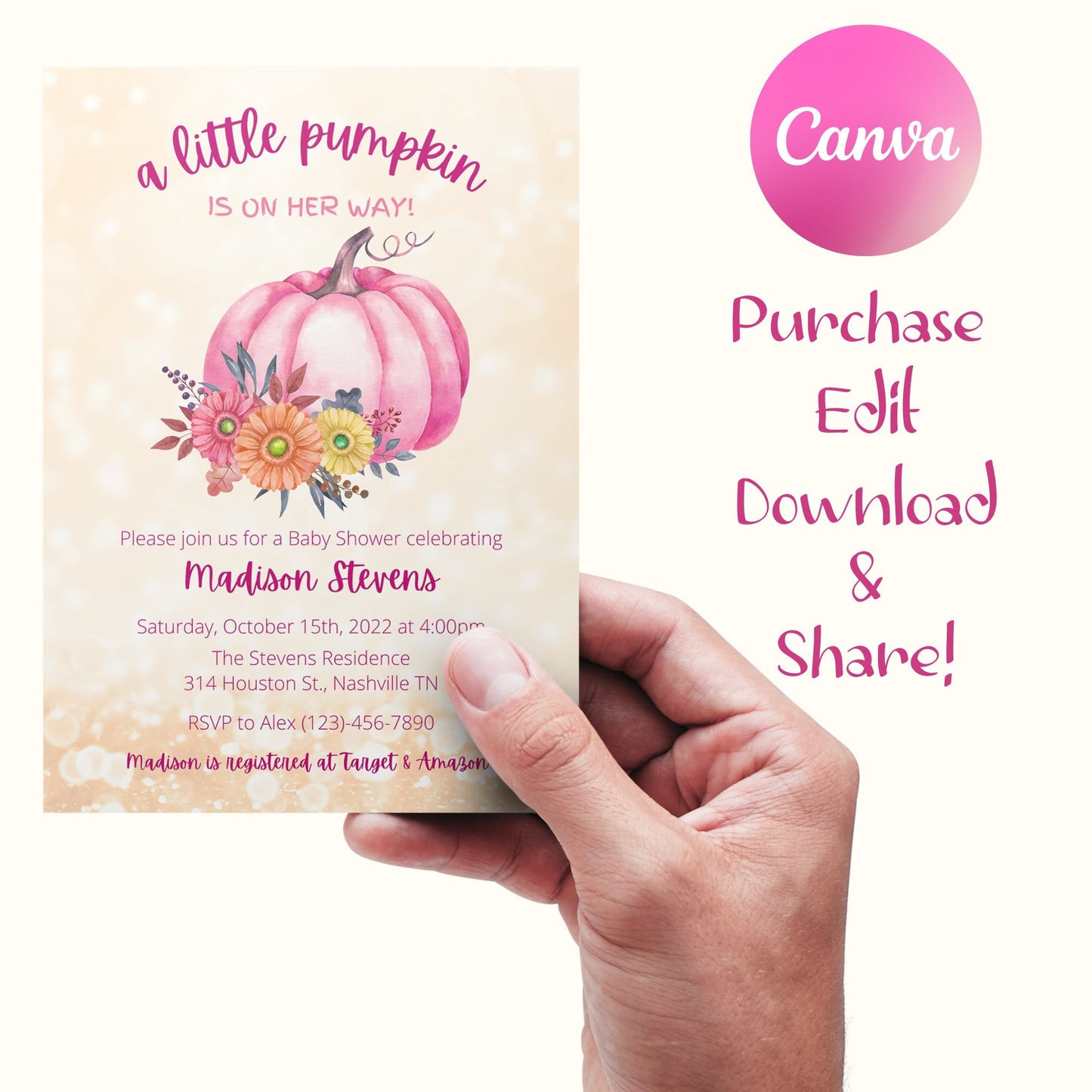 Editable Pumpkin Baby Shower Invitation, Girl Pumpkin Shower Invite Pink, Fall Autumn Baby Girl Shower, Instant Download Template