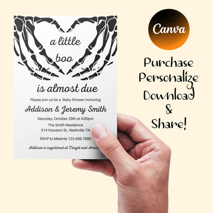 Halloween Baby Shower Invitation, Gothic Baby Shower Invite, A little boo Invite, Skeleton Love Hands, Editable, Instant Download