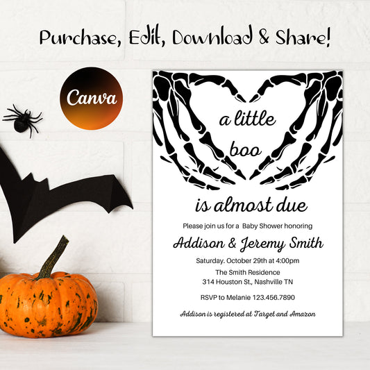 Halloween Baby Shower Invitation, Gothic Baby Shower Invite, A little boo Invite, Skeleton Love Hands, Editable, Instant Download