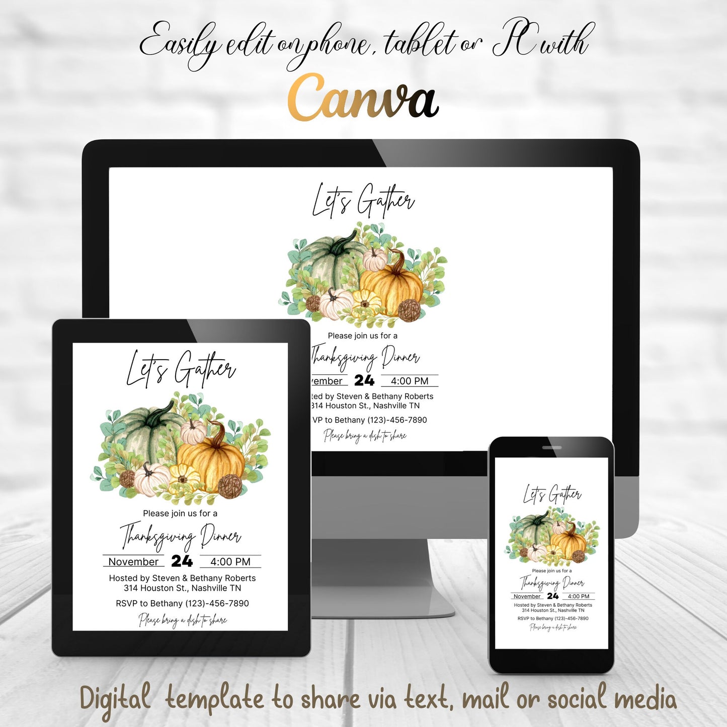 Editable Thanksgiving Dinner Invitation, Friendsgiving  Invitation, Fall Autumn Dinner Invite, Instant Download Template