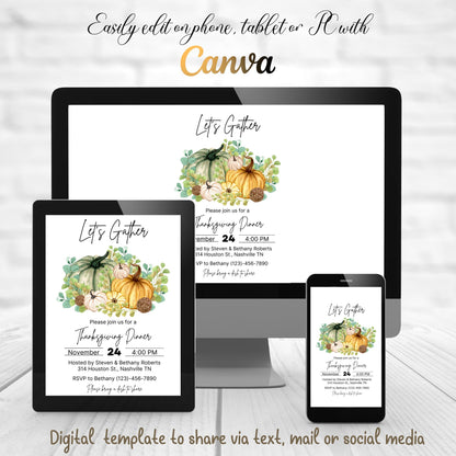 Editable Thanksgiving Dinner Invitation, Friendsgiving  Invitation, Fall Autumn Dinner Invite, Instant Download Template