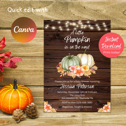 Editable A Little Pumpkin Baby Shower Invitation, Rustic Pumpkin Baby Shower, Fall Autumn Baby Shower Invite, Instant Download Template