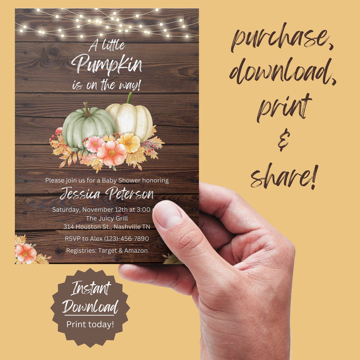 Editable A Little Pumpkin Baby Shower Invitation, Rustic Pumpkin Baby Shower, Fall Autumn Baby Shower Invite, Instant Download Template