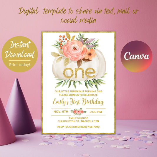 Editable Pumpkin Birthday Invitation, Little Pumpkin Birthday, Fall Autumn Birthday Invite, Floral Pink and Gold, Instant Download Template