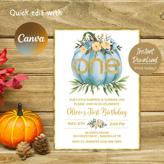 Editable Pumpkin Birthday Invitation, Little Pumpkin Birthday, Fall Autumn Birthday Invite, Boy First Birthday, Instant Download Template