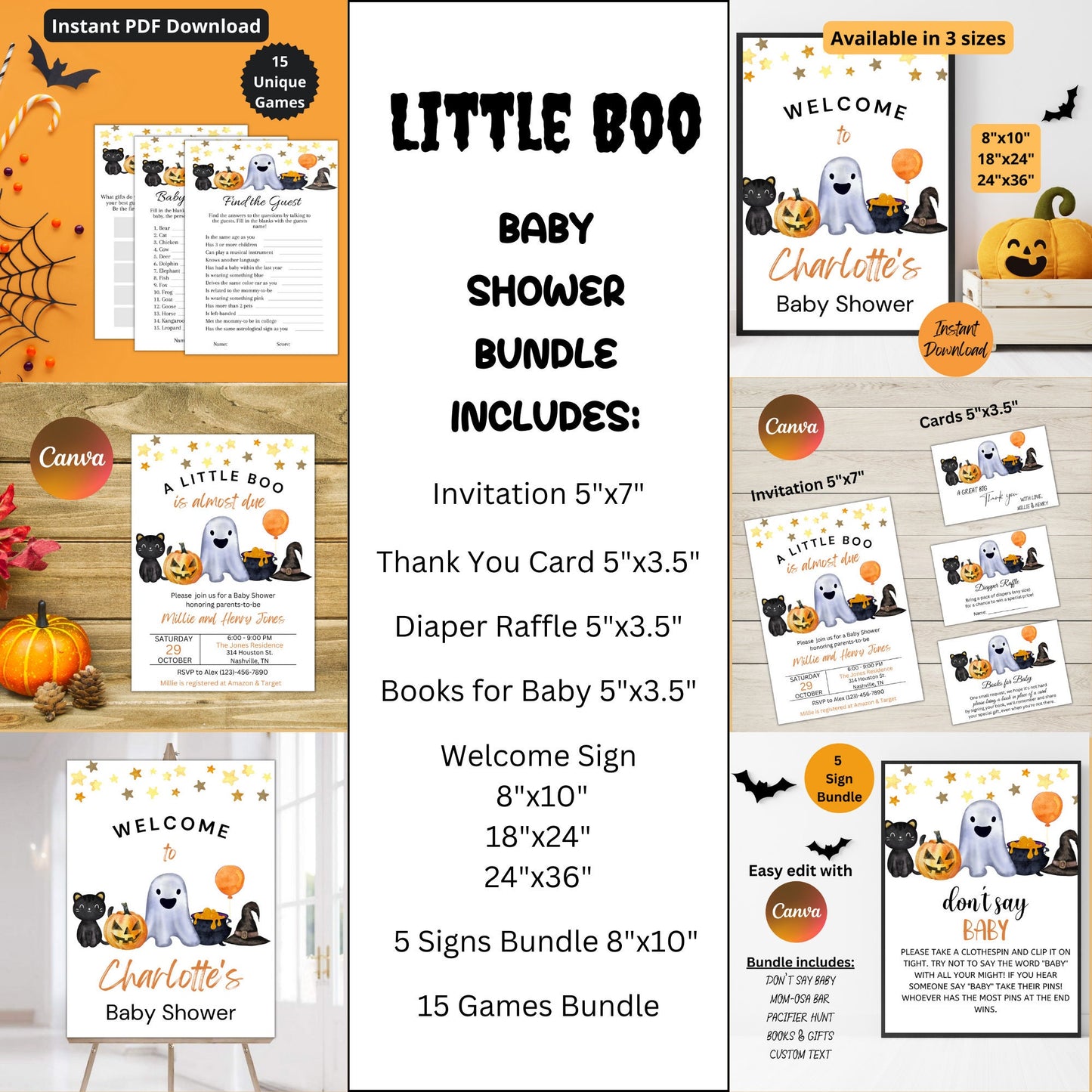 Editable A Little Boo Baby Shower Bundle, Gender Neutral Halloween Baby Shower Bundle, Ghost Halloween Baby Shower, Instant Download