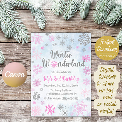 Snowflake Birthday Invitation Template, Winter Wonderland Girl Birthday Invitation, Our little Snowflake Bday invite, Editable Download