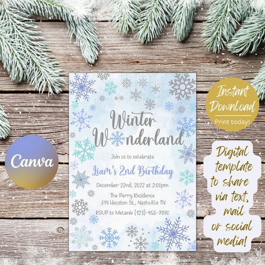 Snowflake Birthday Invitation Template, Winter Wonderland Boy Birthday Invitation, Our little Snowflake Bday invite, Editable Download