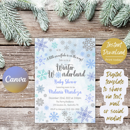 Snowflake Baby Shower Invitation Template, Winter Wonderland Boy Baby Shower Invitation, Our little Snowflake invite, Editable Download