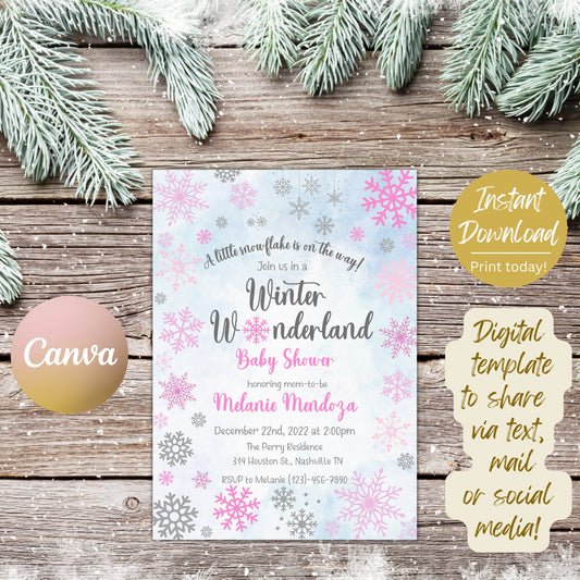 Snowflake Baby Shower Invitation Template, Winter Wonderland Girl Baby Shower Invitation, Our little Snowflake invite, Editable Download