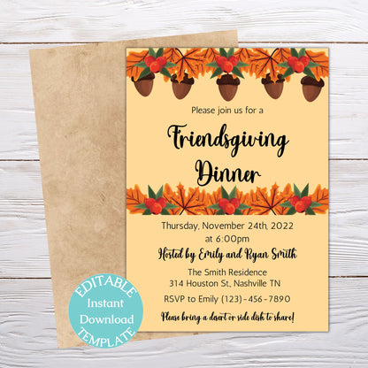 Editable Friendsgiving Dinner Invitation, Thanksgiving Invitation, Fall Autumn Dinner Invite, Instant Download Template