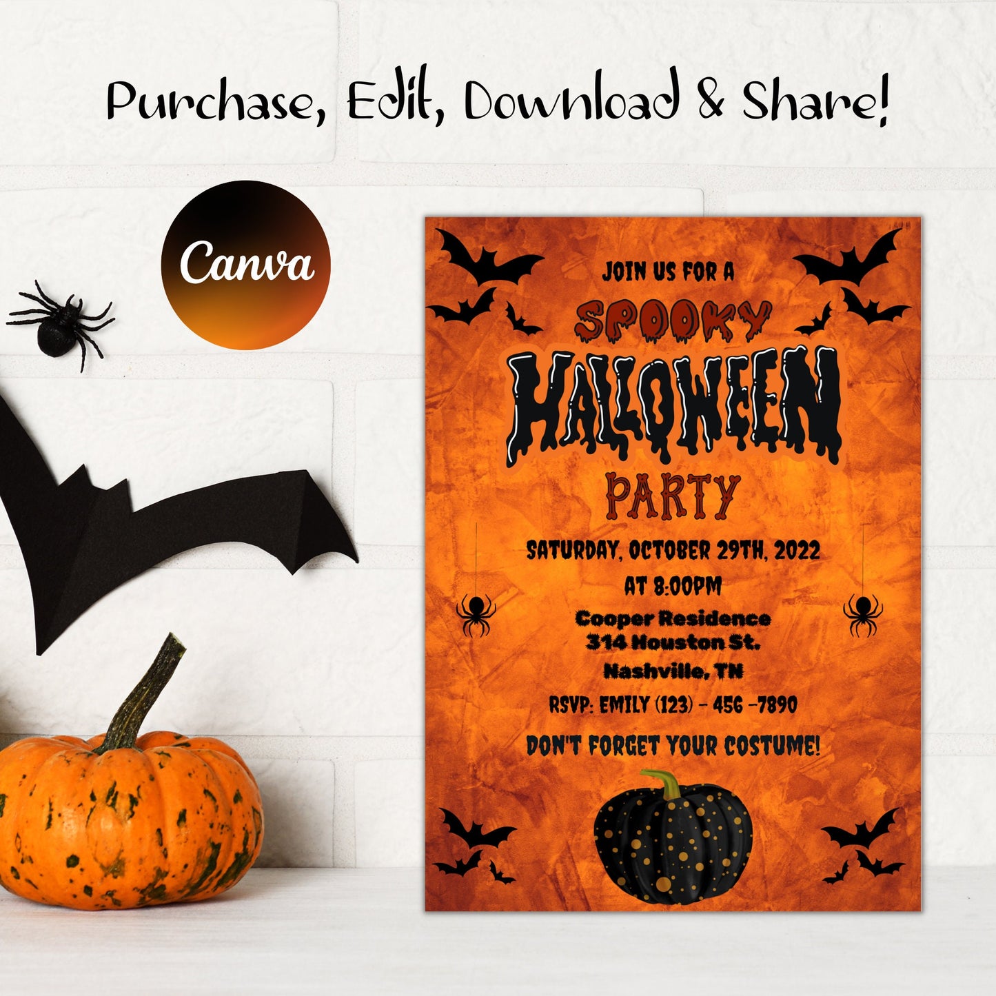 Halloween Party Invitation, Spooky Halloween Invitation, Halloween Birthday Invite, Haunted House, Costume Party, Editable, Instant Download