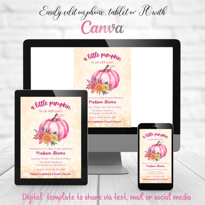 Editable Pumpkin Baby Shower Invitation, Girl Pumpkin Shower Invite Pink, Fall Autumn Baby Girl Shower, Instant Download Template