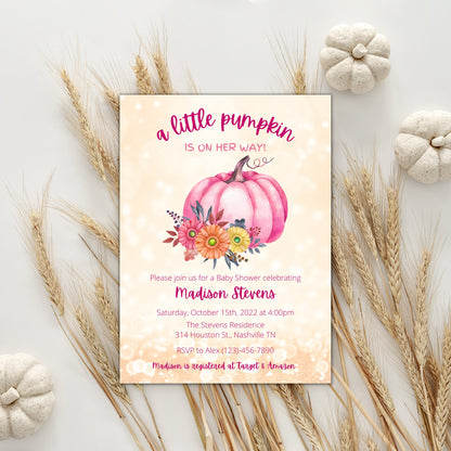 Editable Pumpkin Baby Shower Invitation, Girl Pumpkin Shower Invite Pink, Fall Autumn Baby Girl Shower, Instant Download Template