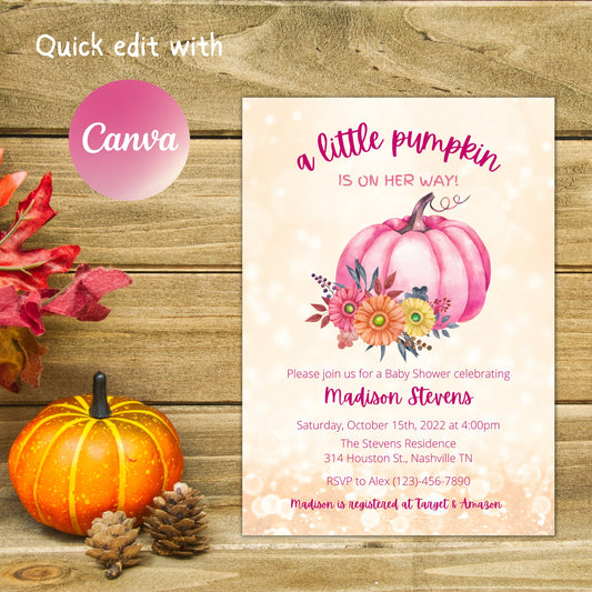 Editable Pumpkin Baby Shower Invitation, Girl Pumpkin Shower Invite Pink, Fall Autumn Baby Girl Shower, Instant Download Template