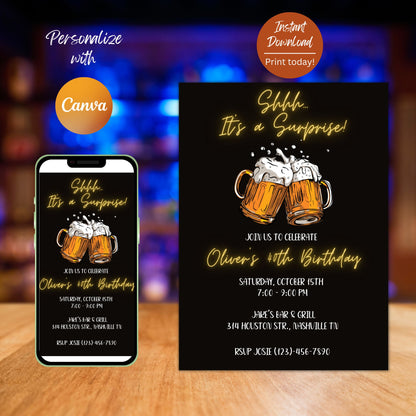 Editable Beer Surprise Birthday Invitation, 30th 40th 50th Adult Birthday Party Invite, DIY Instant Printable, Digital Download