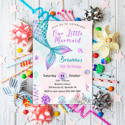 Editable Little Mermaid Birthday Invitation, Under the Sea Pink Teal Mermaid Birthday Invite, Printable Template, Instant Download