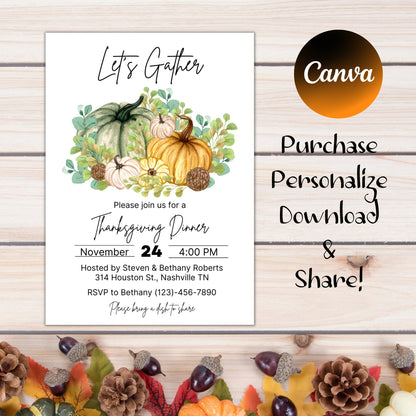 Editable Thanksgiving Dinner Invitation, Friendsgiving  Invitation, Fall Autumn Dinner Invite, Instant Download Template