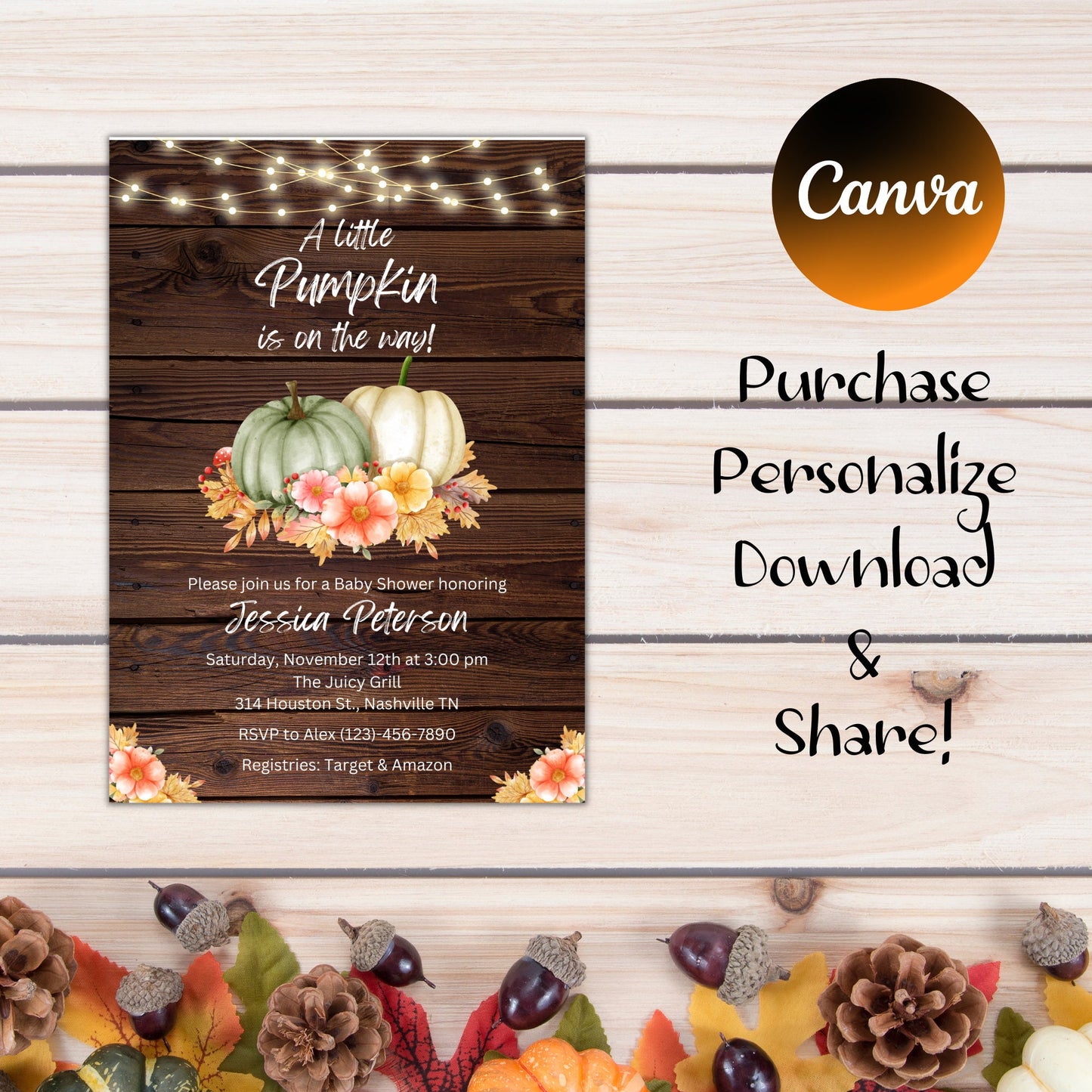 Editable A Little Pumpkin Baby Shower Invitation, Rustic Pumpkin Baby Shower, Fall Autumn Baby Shower Invite, Instant Download Template