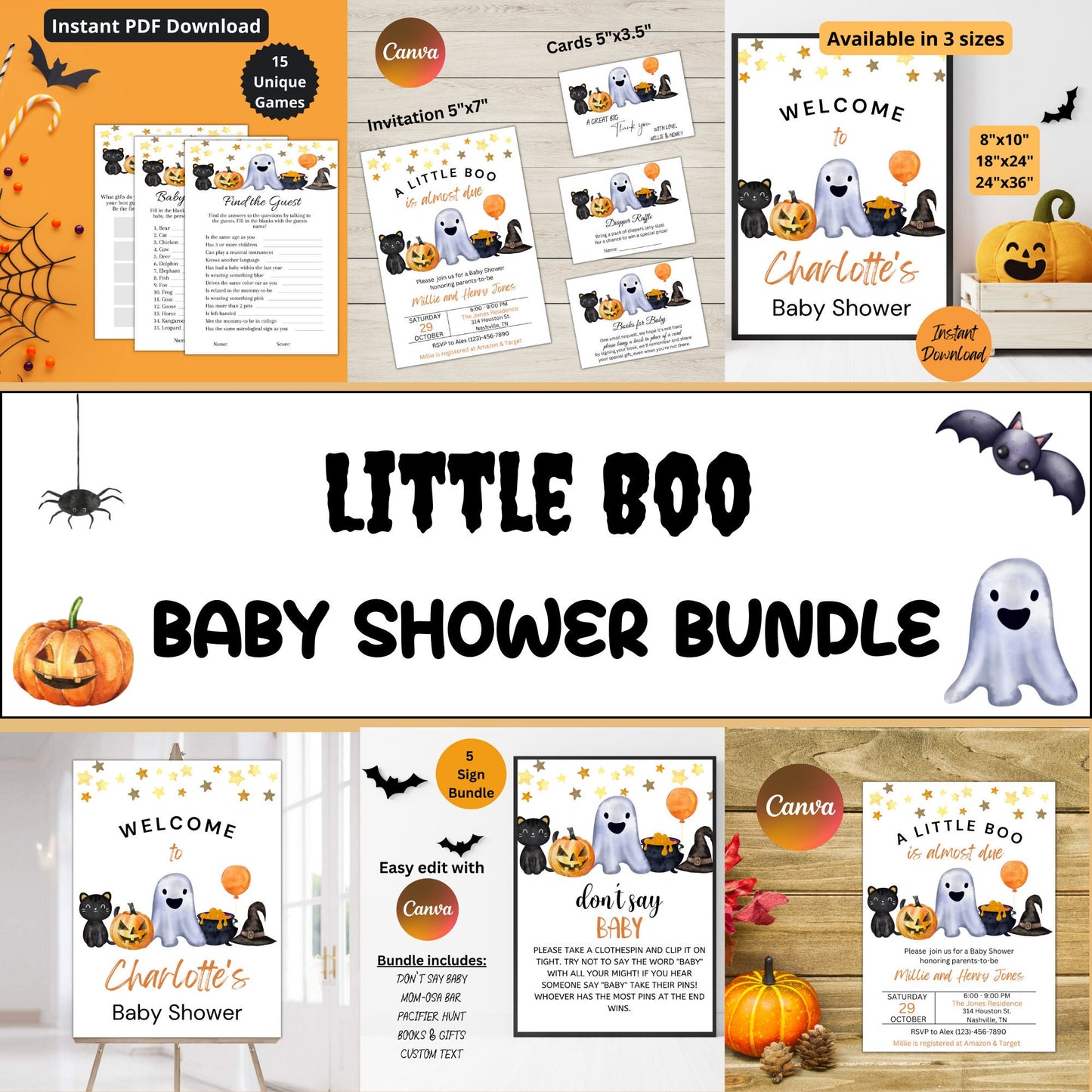 Editable A Little Boo Baby Shower Bundle, Gender Neutral Halloween Baby Shower Bundle, Ghost Halloween Baby Shower, Instant Download