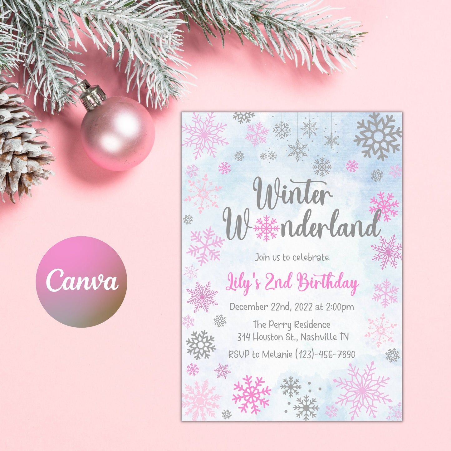 Snowflake Birthday Invitation Template, Winter Wonderland Girl Birthday Invitation, Our little Snowflake Bday invite, Editable Download