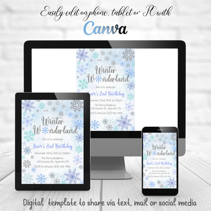 Snowflake Birthday Invitation Template, Winter Wonderland Boy Birthday Invitation, Our little Snowflake Bday invite, Editable Download