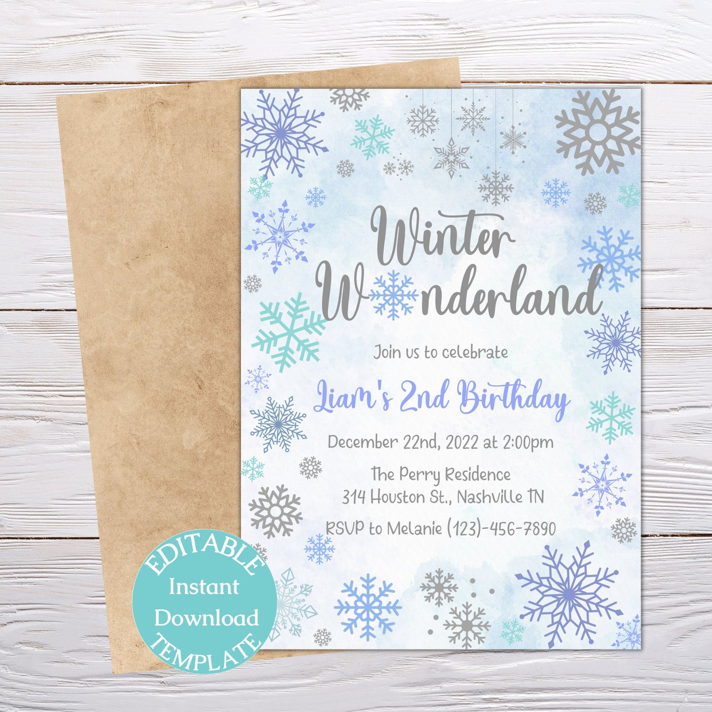 Snowflake Birthday Invitation Template, Winter Wonderland Boy Birthday Invitation, Our little Snowflake Bday invite, Editable Download